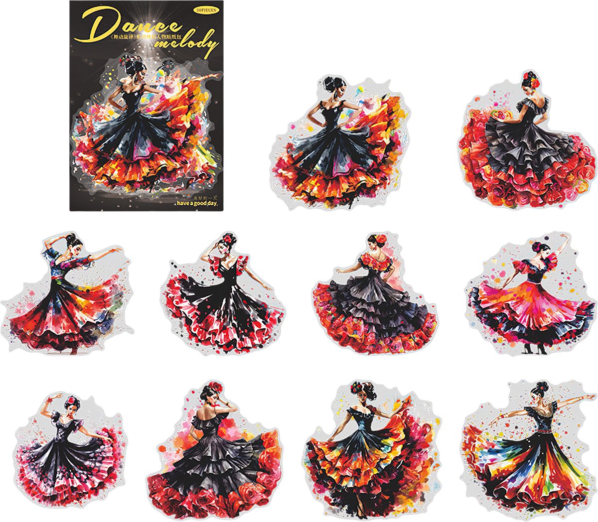 Ainy Flamenco Zwart PET Stickers 10 stuks voor bullet journal, fotoalbum, laptop, telefoon, waterfles en zelfs als muursticker | knutselen stickervellen voor kinderen en volwassenen